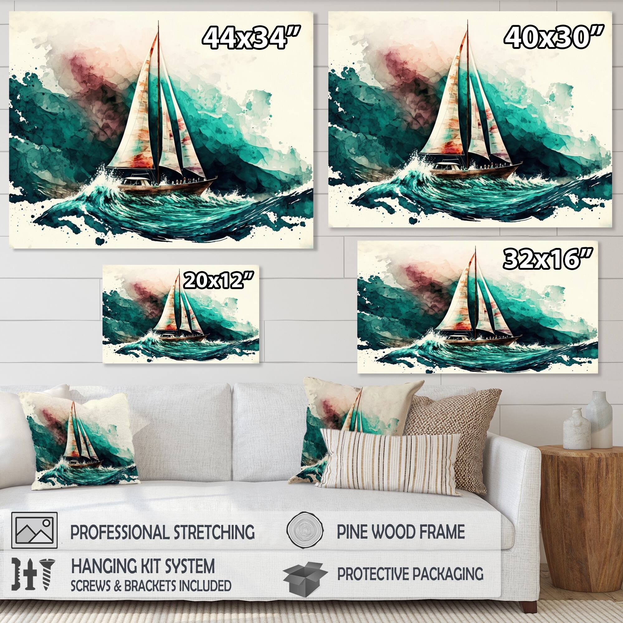 Designart "Watercolor Sailboat Cruising The Waves VIII" Coastal Boat